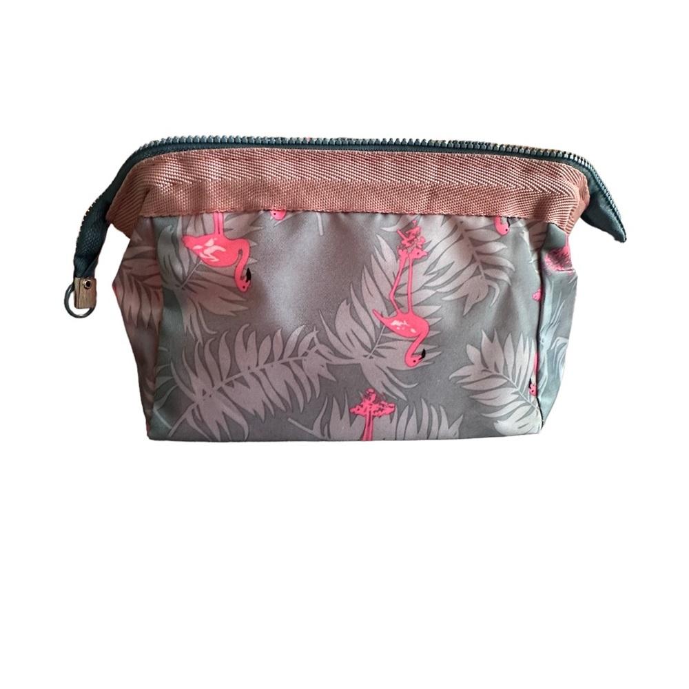 Flamingo Print Pink and Gray Zipper Cosmetic Toiletry Bag